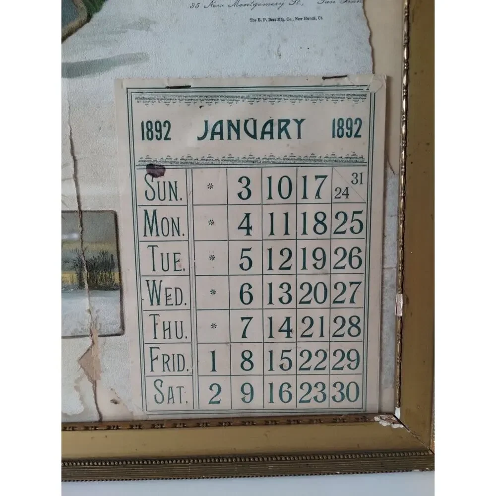 Antique Calendar with Days on the Side - 1892 - Clothing Advertisement - Damaged